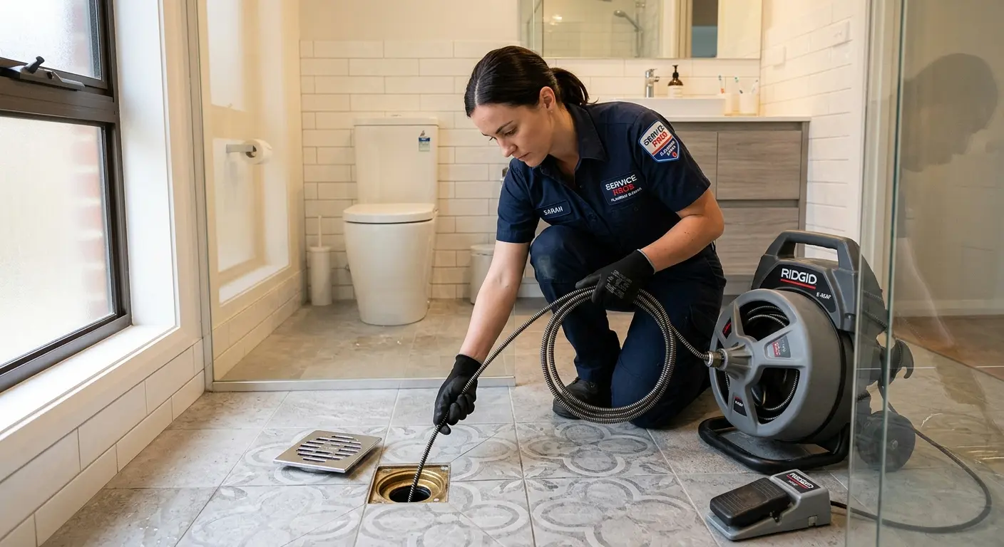 Technician clearing a bathroom floor drain for Sewer Line Installation in Lower Oxford